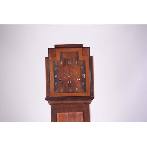 936 - A 1930's ART DECO GRANDAUGHTER CLOCK the case with sliding hood enclosing a walnut dial with chrome ... 