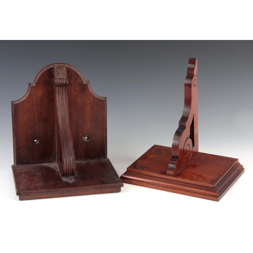 941 - TWO LATE 19th CENTURY MAHOGANY CLOCK WALL BRACKETS 31.5cm wide, and 33cm wide