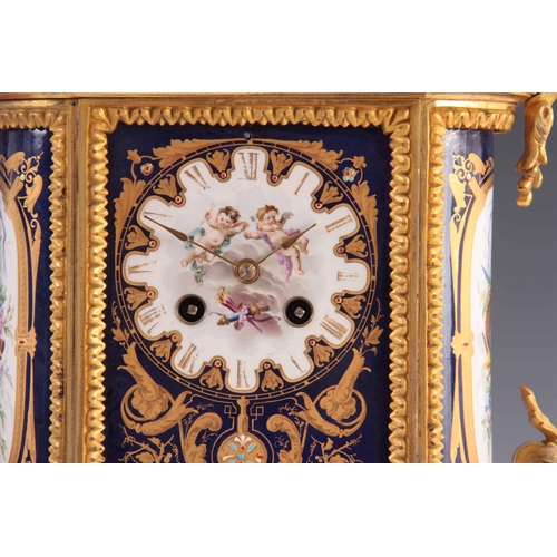 944 - A LATE 19TH CENTURY FRENCH ORMOLU AND PORCELAIN PANEL MANTEL CLOCK the gilt brass case with chased l... 