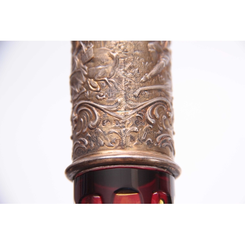 4 - A LATE 19TH CENTURY CONTINENTAL 800 HALLMARKED SILVER GILT MOUNTED CRANBERRY AND AMBER ETCHED DECANT... 