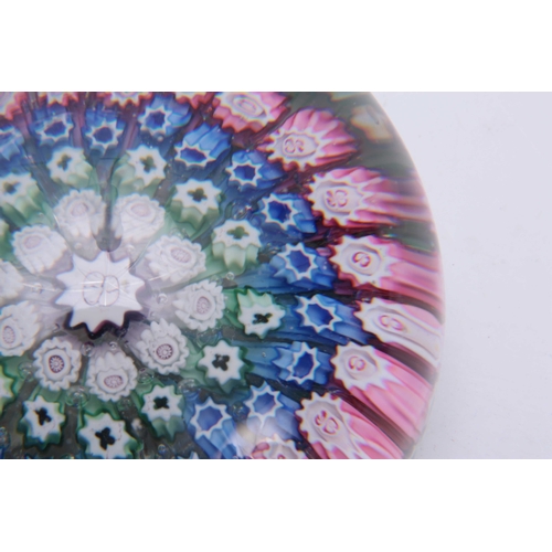 6 - A 19TH CENTURY STOURBRIDGE MILLEFIORI GLASS PAPERWEIGHT filled with bands of  pink, blue, green and ... 