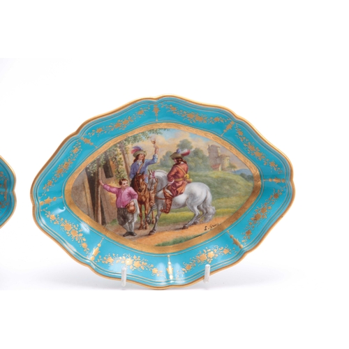 108 - A PAIR OF 19TH CENTURY SEVRES OVAL SCALLOPED EDGE DISHES decorated with painted panels having figure... 