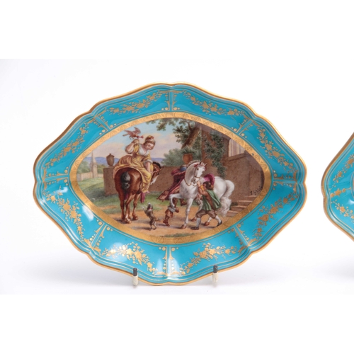 108 - A PAIR OF 19TH CENTURY SEVRES OVAL SCALLOPED EDGE DISHES decorated with painted panels having figure... 