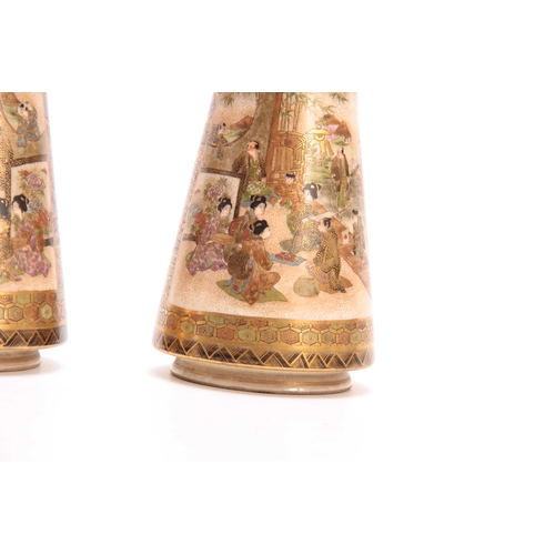 109 - A FINE PAIR OF JAPANESE MEIJI PERIOD SATSUMA TAPPERING VASES by Koshida decorated with figure panels... 