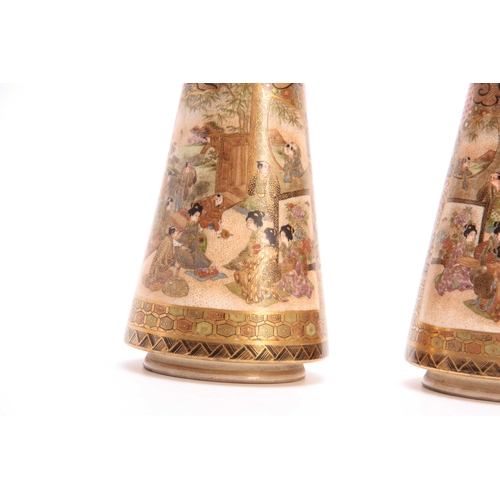 109 - A FINE PAIR OF JAPANESE MEIJI PERIOD SATSUMA TAPPERING VASES by Koshida decorated with figure panels... 