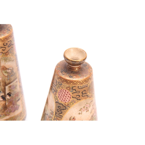 109 - A FINE PAIR OF JAPANESE MEIJI PERIOD SATSUMA TAPPERING VASES by Koshida decorated with figure panels... 