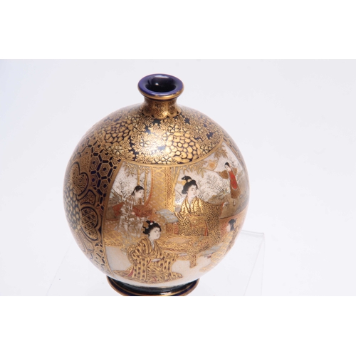 112 - A SMALL SATSUMA OVOID CABINET VASE decorated with figure panels of ladies in a lake and landscape se... 