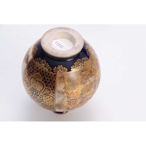 112 - A SMALL SATSUMA OVOID CABINET VASE decorated with figure panels of ladies in a lake and landscape se... 