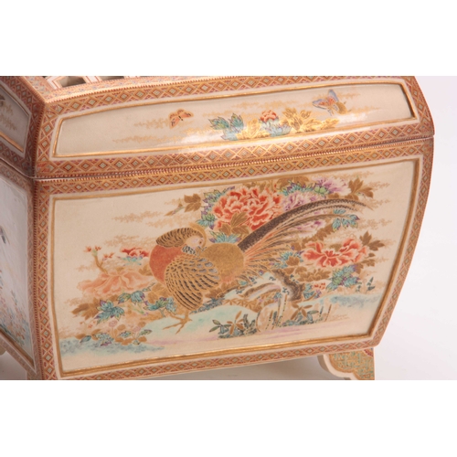 113 - AN OVERSIZED MEIJI PERIOD JAPANESE SATSUMA POTPOURRI JARDINIERE AND COVER decorated with pheasant an... 