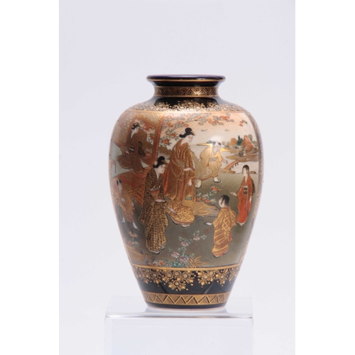 116 - A SATSUMA OVOID CABINET VASE decorated with figure panels of ladies in a lake and landscape setting ... 