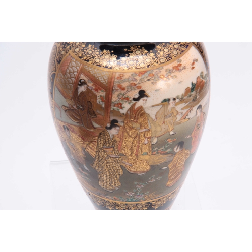 116 - A SATSUMA OVOID CABINET VASE decorated with figure panels of ladies in a lake and landscape setting ... 