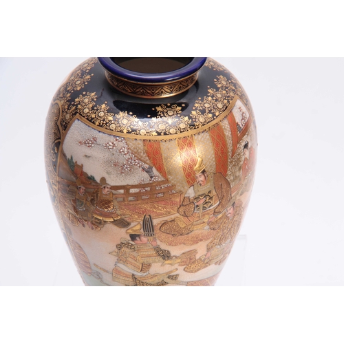 116 - A SATSUMA OVOID CABINET VASE decorated with figure panels of ladies in a lake and landscape setting ... 