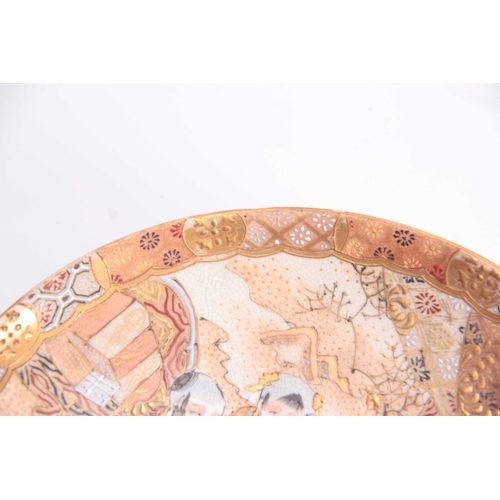 119 - A SATSUMA SHALLOW DISH AND CABINET PLATE each with figural panelled centres highlighted in gold with... 