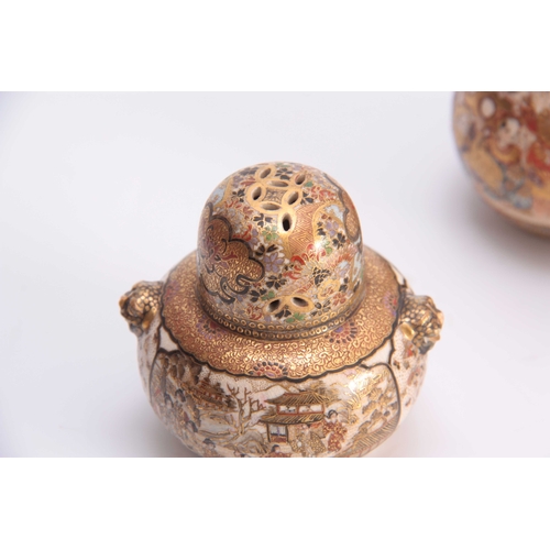 120 - TWO LATE 19TH CENTURY SATSUMA SMALL POT POURRIS TOGETHER WITH A SMALL SATSUMA DOUBLE GOURD SHAPED VA... 