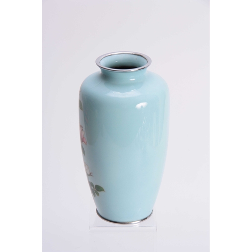 127 - A JAPANESE PALE BLUE ENAMEL TAPERING SHOULDERED CABINET VASE WITH SILVERED METAL MOUNTS  the body fi... 