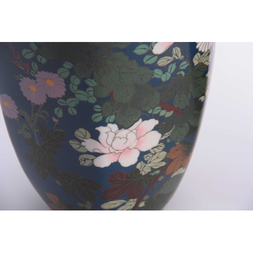 130 - A LARGE PAIR OF CHINESE DARK BLUE GROUND HEXAGONAL TAPERING SHOULDERED VASES with extensive flower s... 