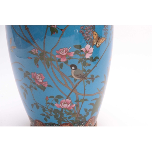 131 - A LARGE 19TH CENTURY JAPANESE CLOISONNE VASE finely decorated with birds and butterflies amongst flo... 