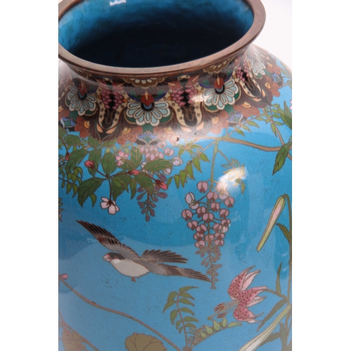 131 - A LARGE 19TH CENTURY JAPANESE CLOISONNE VASE finely decorated with birds and butterflies amongst flo... 