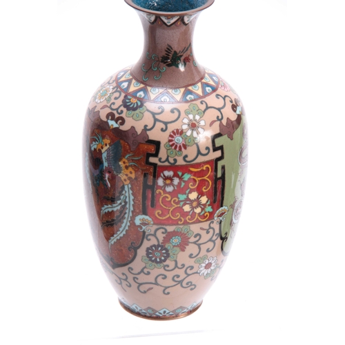 133 - A PAIR OF 20TH CENTURY CHINESE CLOISONNE VASES decorated with animals and floral work 25cm high.