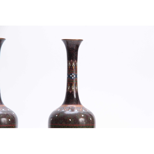 135 - A PAIR OF EARLY 20TH CENTURY CLOISONNE VASES decorated with birds and geometric designs 25cm high.