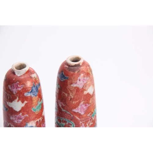 143 - AN UNUSUAL PAIR OF LATE 18TH EARLY 19TH CENTURY CHINESE CERAMIC TAPERING SPILL VASES with internal r... 