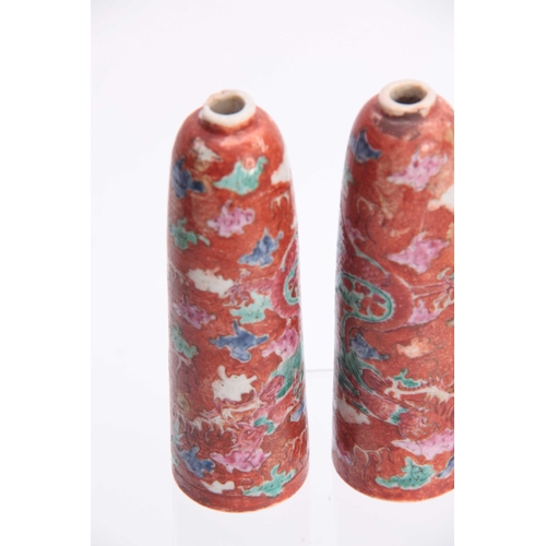 143 - AN UNUSUAL PAIR OF LATE 18TH EARLY 19TH CENTURY CHINESE CERAMIC TAPERING SPILL VASES with internal r... 