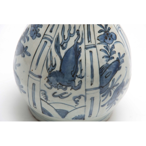 149 - A CHINESE BLUE AND WHITE MING VASE decorated with horses and floral sprays 25cm high (A.F.).