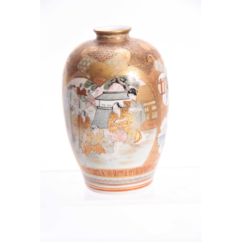 156 - A JAPANESE KUTANI WARE SHOULDERED OVOID CABINET VASE decorated with figural panels bordered with gil... 