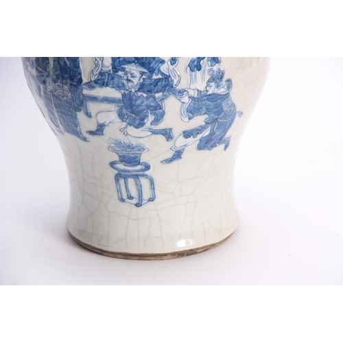 158 - A 19TH CENTURY CHINESE CRACKLE GLAZED VASE with relief decorated blue & white figures to the front a... 