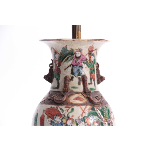 168 - A 20TH CENTURY CHINESE CRACKLE GLAZED VASE converted to a lamp, decorated with coloured figures and ... 