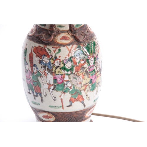 168 - A 20TH CENTURY CHINESE CRACKLE GLAZED VASE converted to a lamp, decorated with coloured figures and ... 