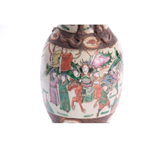 168 - A 20TH CENTURY CHINESE CRACKLE GLAZED VASE converted to a lamp, decorated with coloured figures and ... 