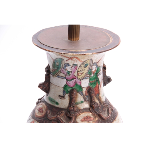 168 - A 20TH CENTURY CHINESE CRACKLE GLAZED VASE converted to a lamp, decorated with coloured figures and ... 