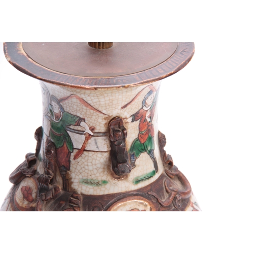 168 - A 20TH CENTURY CHINESE CRACKLE GLAZED VASE converted to a lamp, decorated with coloured figures and ... 