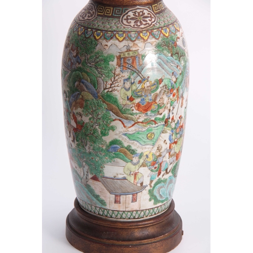 170 - AN 18TH/19TH CENTURY CHINESE FAMILLE VERTE LARGE VASE LAMP of shouldered tapering form with continuo... 