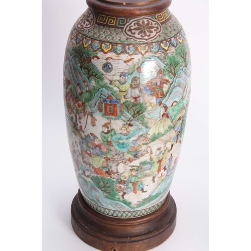 170 - AN 18TH/19TH CENTURY CHINESE FAMILLE VERTE LARGE VASE LAMP of shouldered tapering form with continuo... 