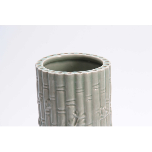 180 - A CHINESE CYLINDRICAL CELEDON VASE decorated with bamboo shoots - signed with impressed seal mark 27... 