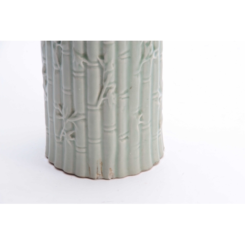 180 - A CHINESE CYLINDRICAL CELEDON VASE decorated with bamboo shoots - signed with impressed seal mark 27... 