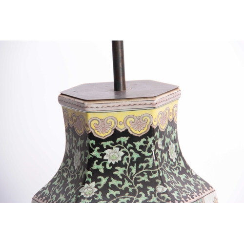 185 - A 19TH CENTURY CHINESE LARGE VASE LAMP of hexagonal tapering shouldered form with dragon work panels... 