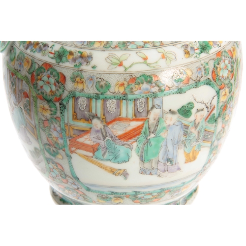 188 - A CHINESE FAMILLE VERT VASE with raised masks and floral borders surrounding panels depicting figure... 