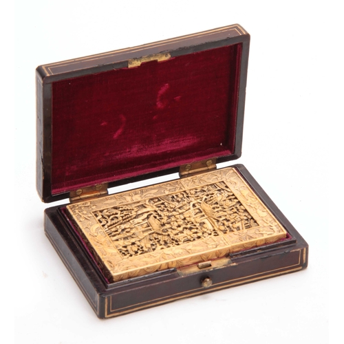 193 - A 19TH CENTURY CHINESE CARVED IVORY CARD CASE IN ORIGINAL LACQUER BOX, both sides carved in great de... 