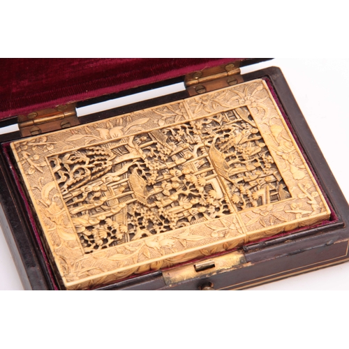 193 - A 19TH CENTURY CHINESE CARVED IVORY CARD CASE IN ORIGINAL LACQUER BOX, both sides carved in great de... 