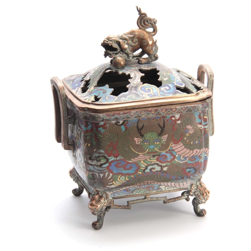 206 - AN UNUSUALLY LARGE 18TH/19THCENTURY CHINESE CAST BRONZE AND COLOURED ENAMEL CENSOR of square form wi... 