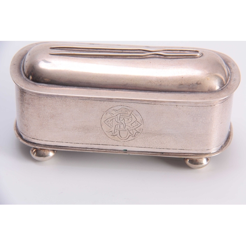 213 - A PAIR OF CHINESE SILVER DRESSING TABLE BOXES of plain bow ended rectangular form with pin designs t... 