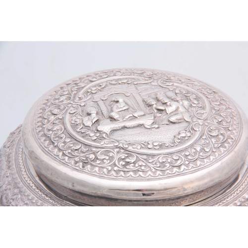 214 - A 19TH CENTURY PERSIAN SILVER JAR AND COVER decorated with oriental scenes and geometric designs 18c... 