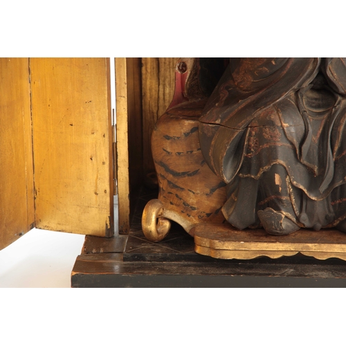 217 - A RARE 18TH CENTURY JAPANESE WOODEN LACQUERED ALTAR PIECE OF A SEATED BUDDHA SAT ON A SIMULATED TIGE... 