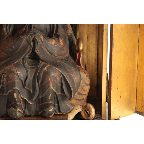 217 - A RARE 18TH CENTURY JAPANESE WOODEN LACQUERED ALTAR PIECE OF A SEATED BUDDHA SAT ON A SIMULATED TIGE... 