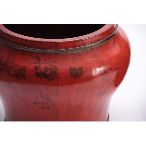 221 - A CHINESE CARVED HARDWOOD BRUSH POT 20cm high 20cm diameter 25cm diameter. A RED LAQUERRED BULBOUS W... 