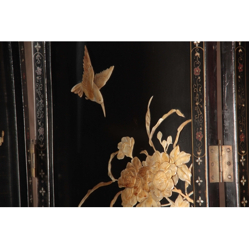 222 - AN EARLY 20TH CENTURY CHINESE SIX SECTIONAL HINGED PANELLED EBONISED AND MOTHER OF PEARL SCREEN deco... 