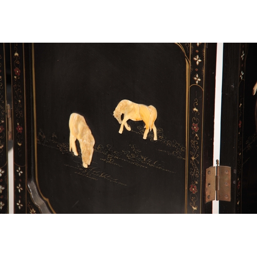 222 - AN EARLY 20TH CENTURY CHINESE SIX SECTIONAL HINGED PANELLED EBONISED AND MOTHER OF PEARL SCREEN deco... 